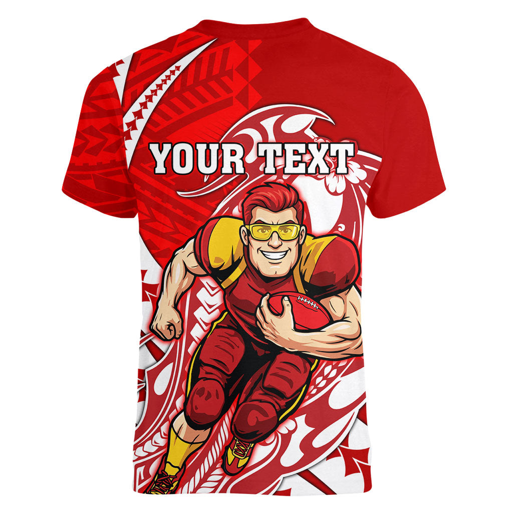 Personalized Gold Coast Suns Women V-Neck T-Shirt Polynesian Tribal Sun Mascot With Hibiscus Floral Art