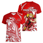 Personalized Gold Coast Suns Women V-Neck T-Shirt Polynesian Tribal Sun Mascot With Hibiscus Floral Art