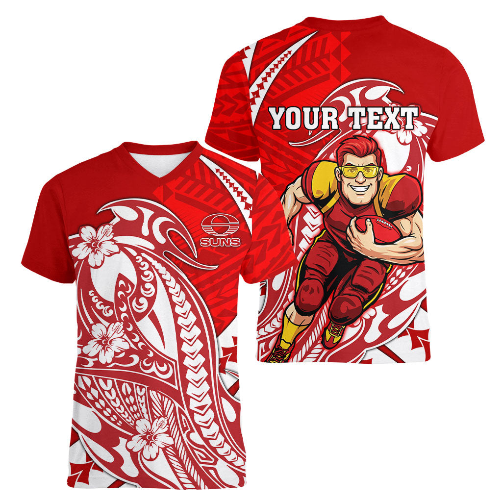 Personalized Gold Coast Suns Women V-Neck T-Shirt Polynesian Tribal Sun Mascot With Hibiscus Floral Art