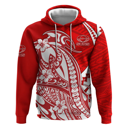 Personalized Gold Coast Suns Zip Hoodie Polynesian Tribal Sun Mascot With Hibiscus Floral Art