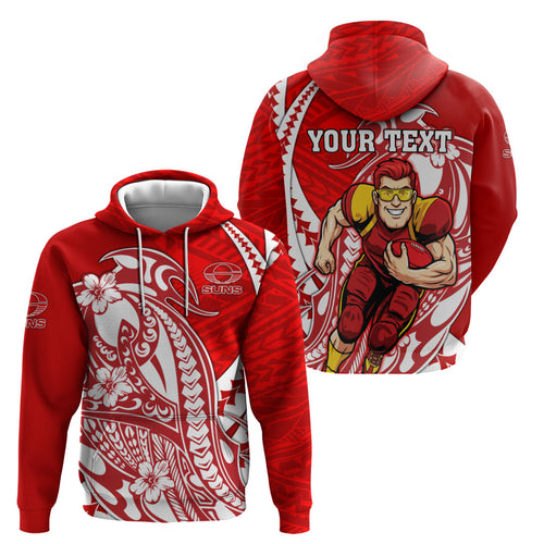 Personalized Gold Coast Suns Zip Hoodie Polynesian Tribal Sun Mascot With Hibiscus Floral Art