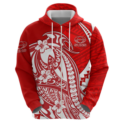 Personalized Gold Coast Suns Zip Hoodie Polynesian Tribal Sun Mascot With Hibiscus Floral Art