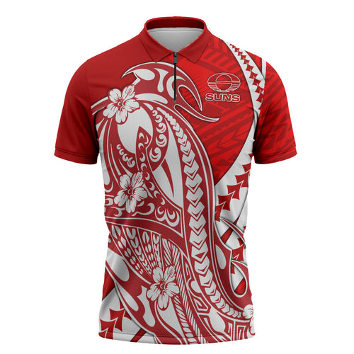 Personalized Gold Coast Suns Zipper Polo Shirt Polynesian Tribal Sun Mascot With Hibiscus Floral Art
