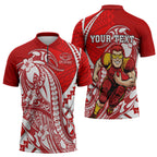 Personalized Gold Coast Suns Zipper Polo Shirt Polynesian Tribal Sun Mascot With Hibiscus Floral Art