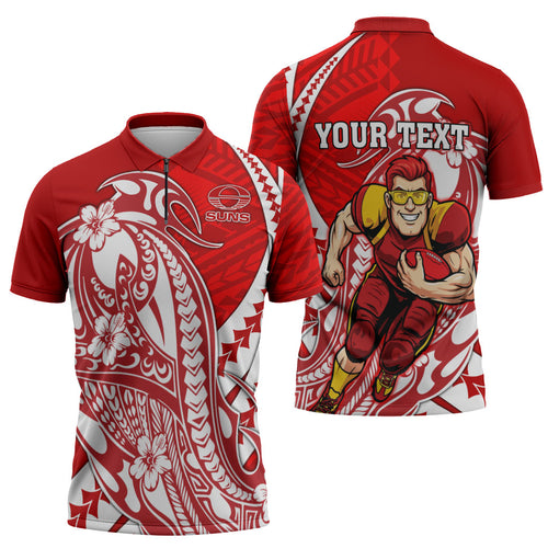 Personalized Gold Coast Suns Zipper Polo Shirt Polynesian Tribal Sun Mascot With Hibiscus Floral Art