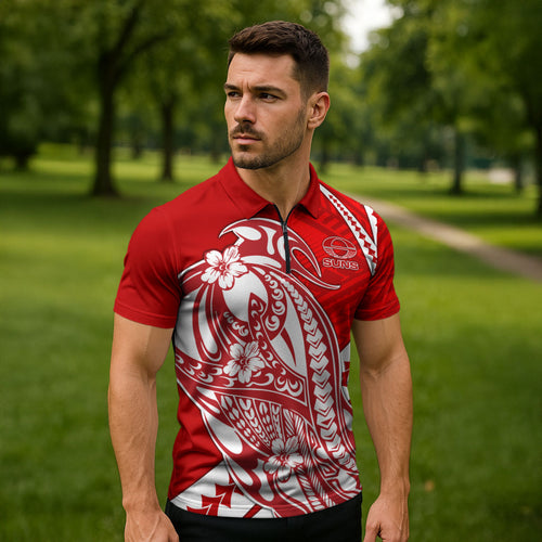 Personalized Gold Coast Suns Zipper Polo Shirt Polynesian Tribal Sun Mascot With Hibiscus Floral Art