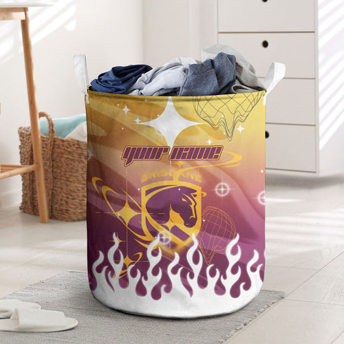 Personalized Brisbane Broncos Laundry Basket Y2K Grunge Aesthetic With Cyber Flames and Starburst Graphics