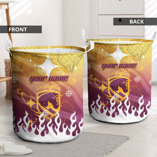 Personalized Brisbane Broncos Laundry Basket Y2K Grunge Aesthetic With Cyber Flames and Starburst Graphics