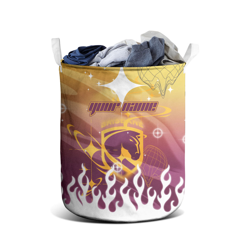 Personalized Brisbane Broncos Laundry Basket Y2K Grunge Aesthetic With Cyber Flames and Starburst Graphics