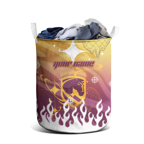 Personalized Brisbane Broncos Laundry Basket Y2K Grunge Aesthetic With Cyber Flames and Starburst Graphics