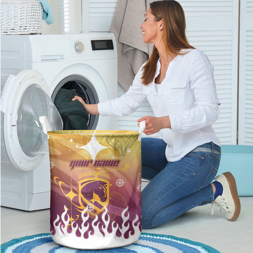 Personalized Brisbane Broncos Laundry Basket Y2K Grunge Aesthetic With Cyber Flames and Starburst Graphics
