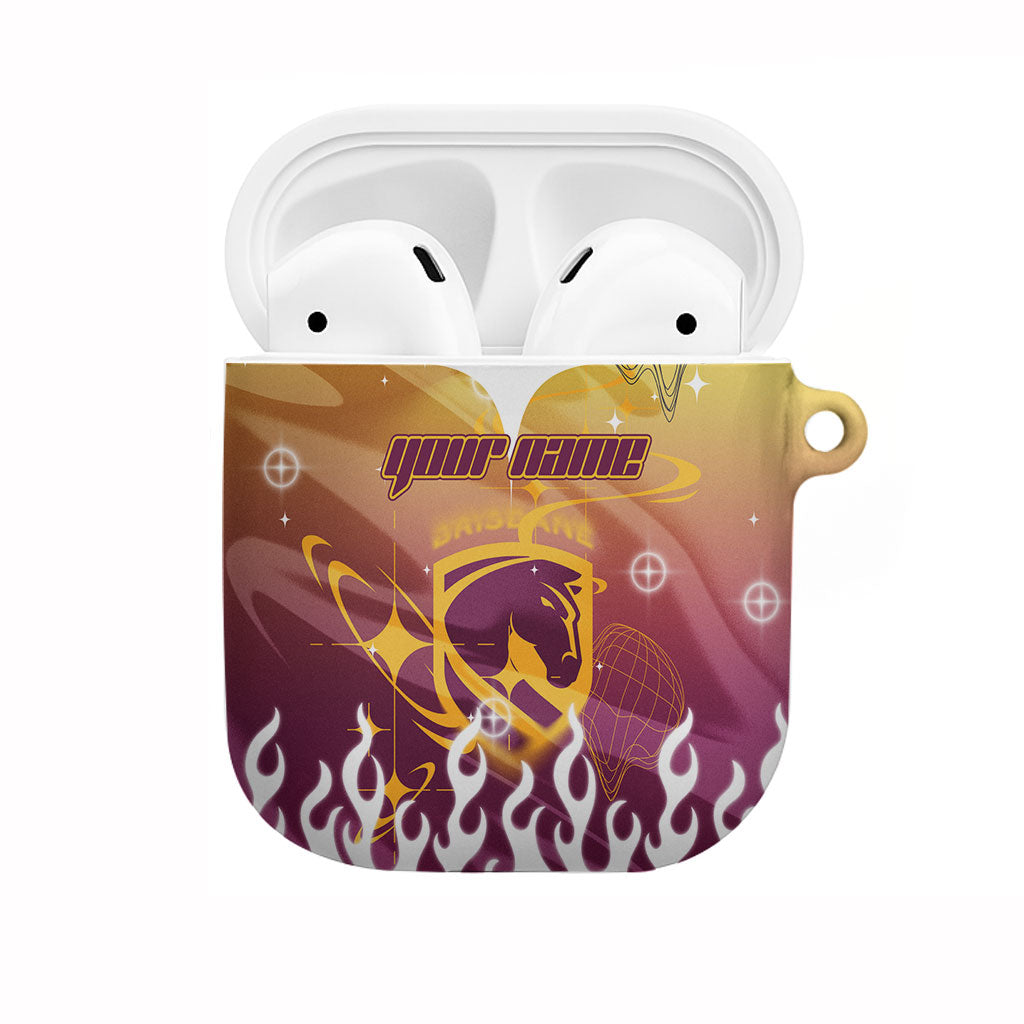 Personalized Brisbane Broncos AirPods Case Y2K Grunge Aesthetic With Cyber Flames and Starburst Graphics