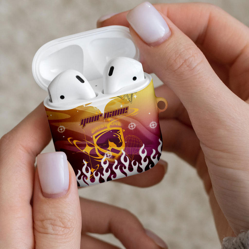 Personalized Brisbane Broncos AirPods Case Y2K Grunge Aesthetic With Cyber Flames and Starburst Graphics