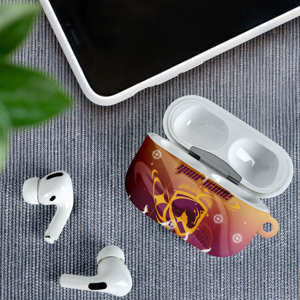 Personalized Brisbane Broncos AirPods Case Y2K Grunge Aesthetic With Cyber Flames and Starburst Graphics