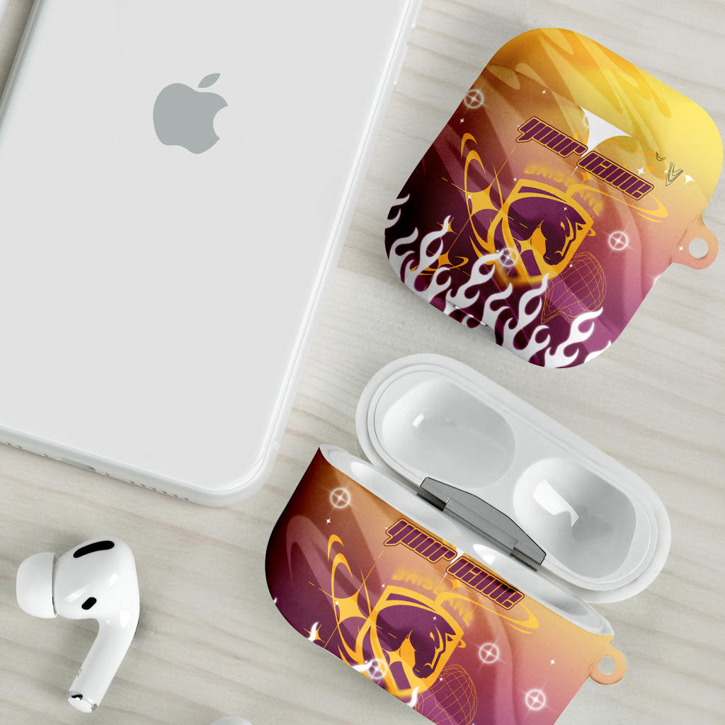 Personalized Brisbane Broncos AirPods Case Y2K Grunge Aesthetic With Cyber Flames and Starburst Graphics