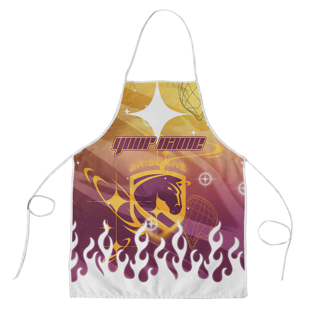 Personalized Brisbane Broncos Apron Y2K Grunge Aesthetic With Cyber Flames and Starburst Graphics