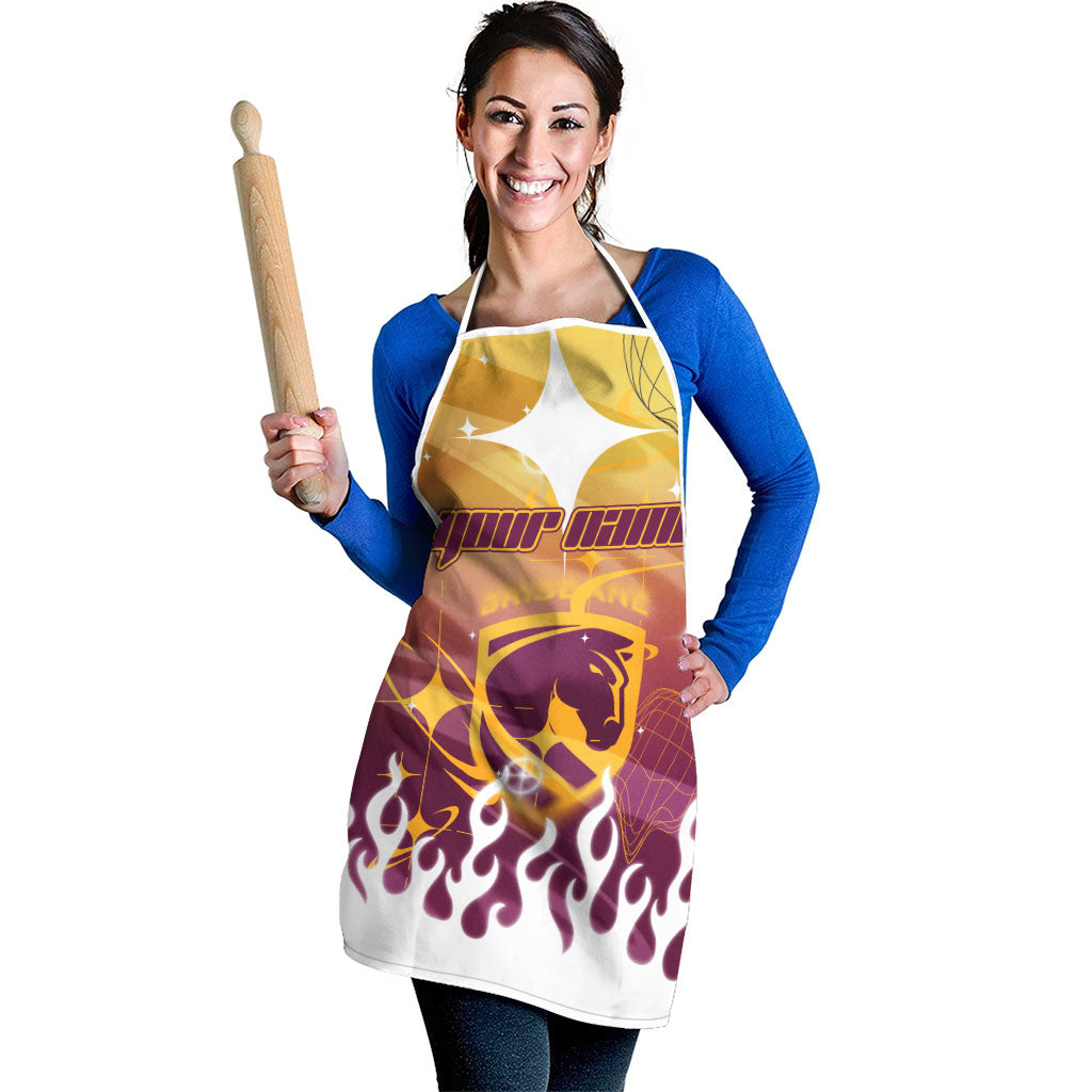 Personalized Brisbane Broncos Apron Y2K Grunge Aesthetic With Cyber Flames and Starburst Graphics