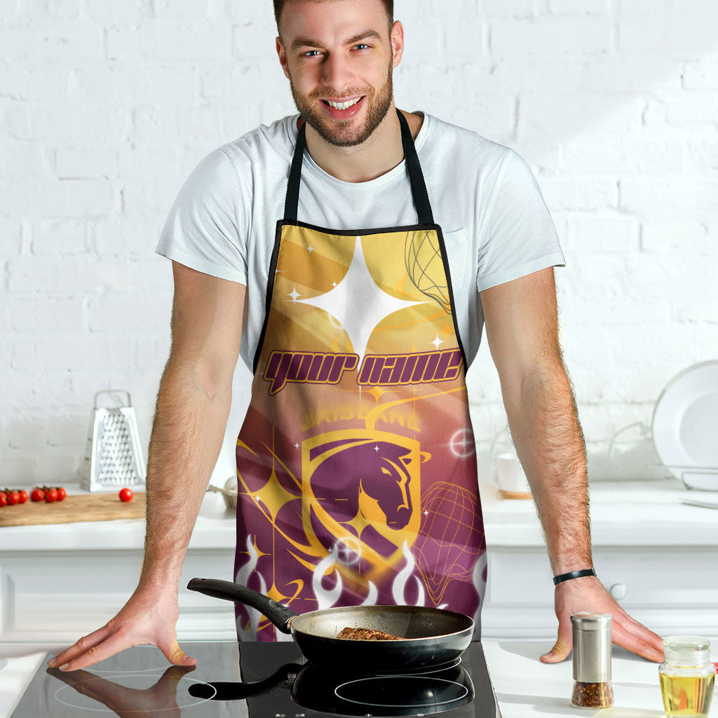 Personalized Brisbane Broncos Apron Y2K Grunge Aesthetic With Cyber Flames and Starburst Graphics