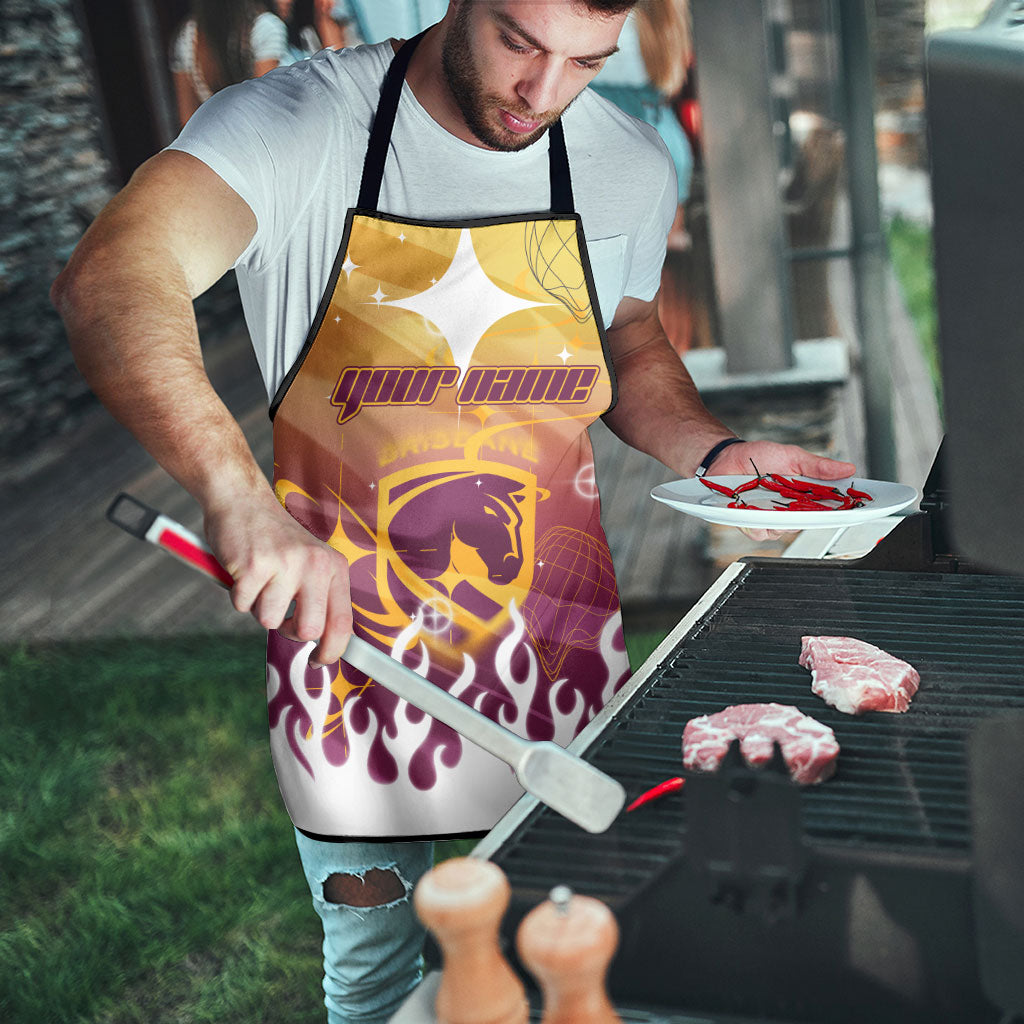 Personalized Brisbane Broncos Apron Y2K Grunge Aesthetic With Cyber Flames and Starburst Graphics
