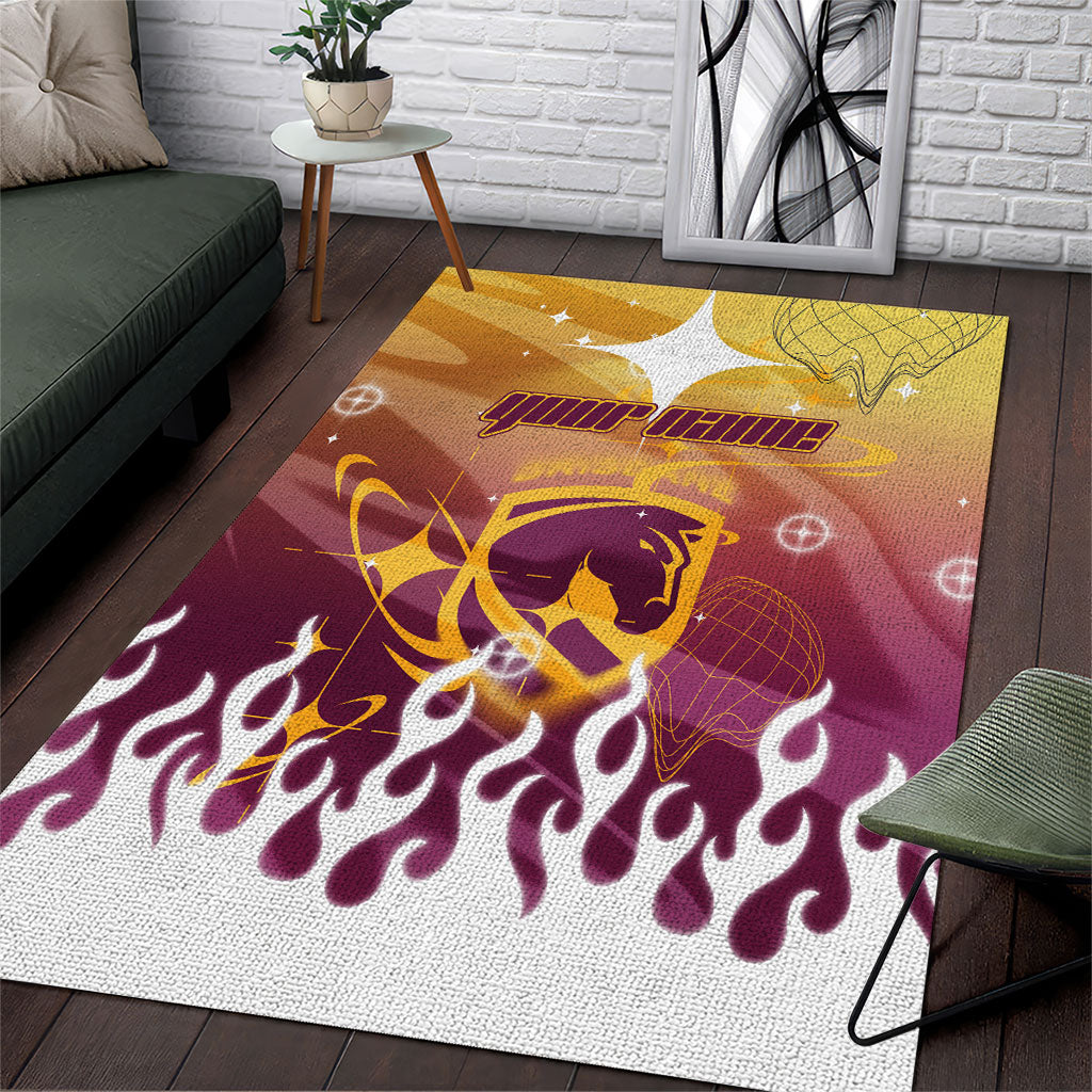Personalized Brisbane Broncos Area Rug Y2K Grunge Aesthetic With Cyber Flames and Starburst Graphics