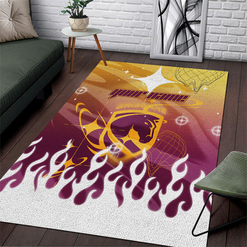 Personalized Brisbane Broncos Area Rug Y2K Grunge Aesthetic With Cyber Flames and Starburst Graphics