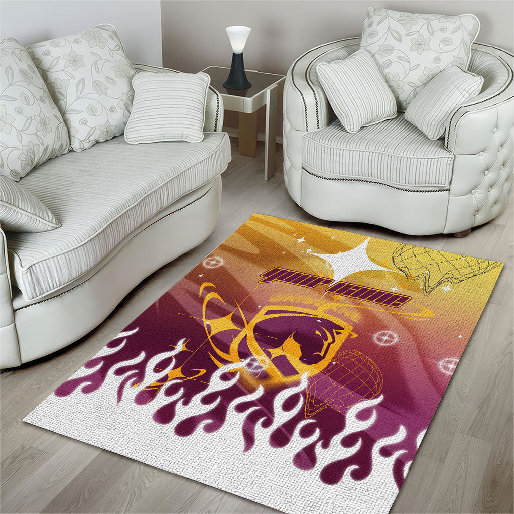 Personalized Brisbane Broncos Area Rug Y2K Grunge Aesthetic With Cyber Flames and Starburst Graphics