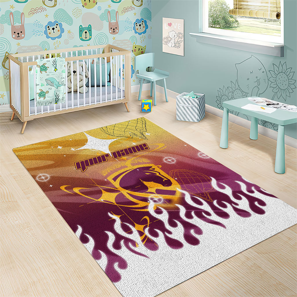 Personalized Brisbane Broncos Area Rug Y2K Grunge Aesthetic With Cyber Flames and Starburst Graphics