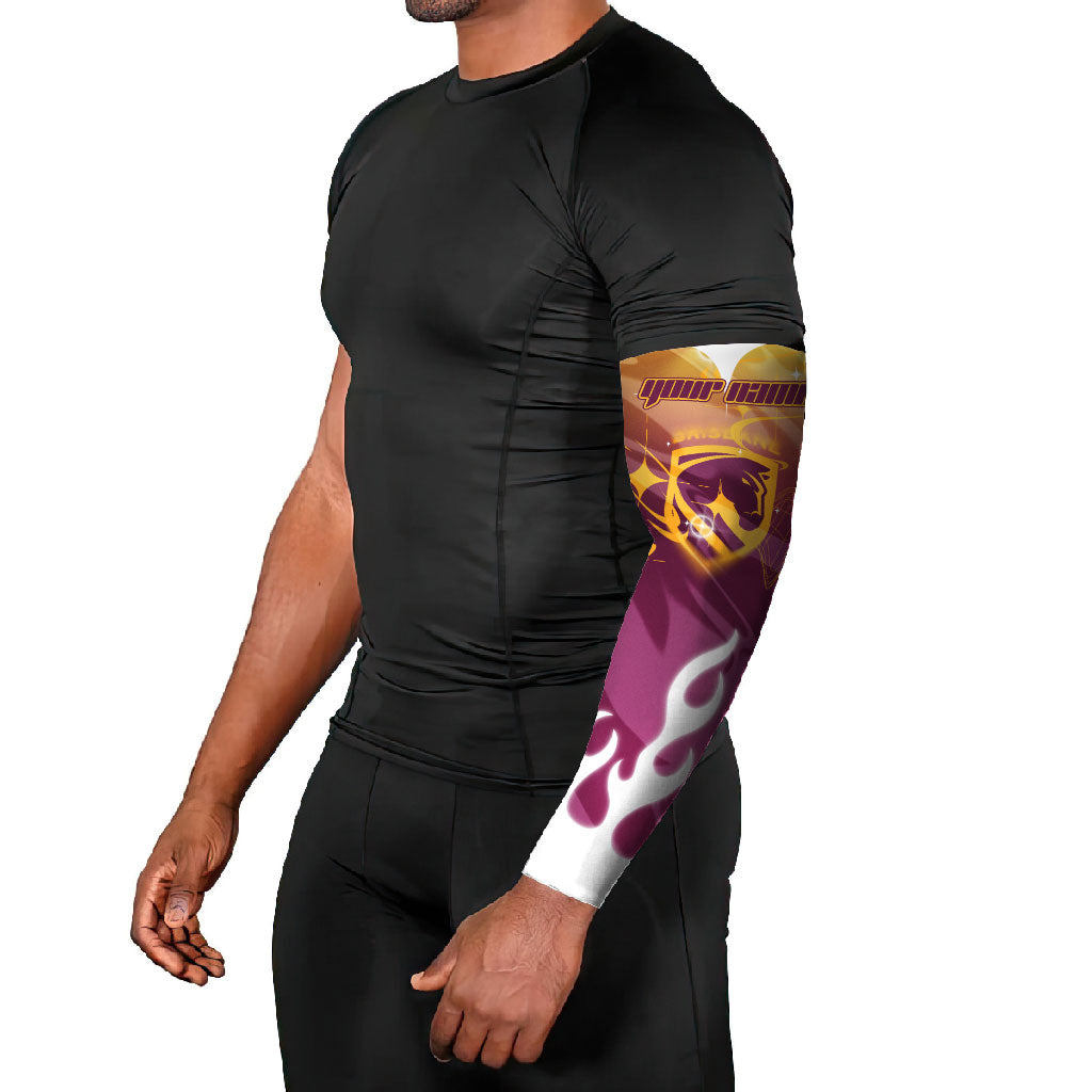 Personalized Brisbane Broncos Arm Sleeves Y2K Grunge Aesthetic With Cyber Flames and Starburst Graphics