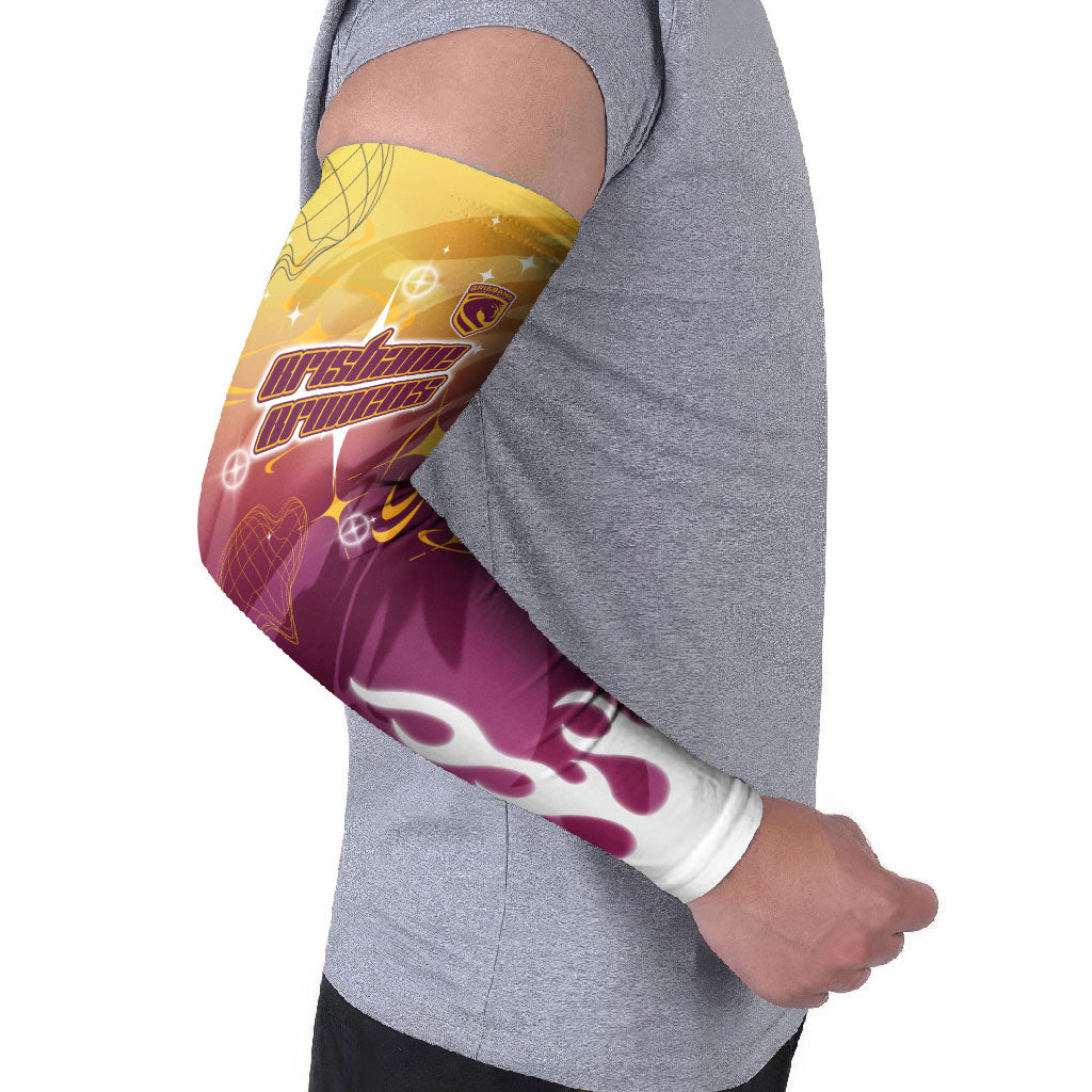 Personalized Brisbane Broncos Arm Sleeves Y2K Grunge Aesthetic With Cyber Flames and Starburst Graphics