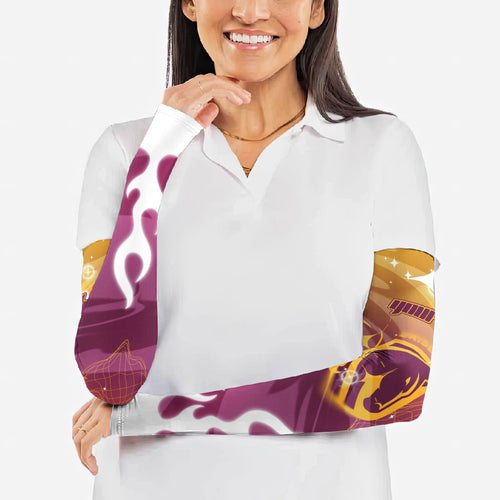Personalized Brisbane Broncos Arm Sleeves Y2K Grunge Aesthetic With Cyber Flames and Starburst Graphics