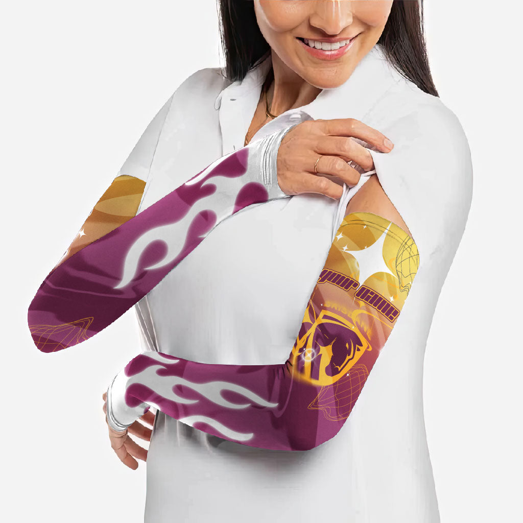 Personalized Brisbane Broncos Arm Sleeves Y2K Grunge Aesthetic With Cyber Flames and Starburst Graphics