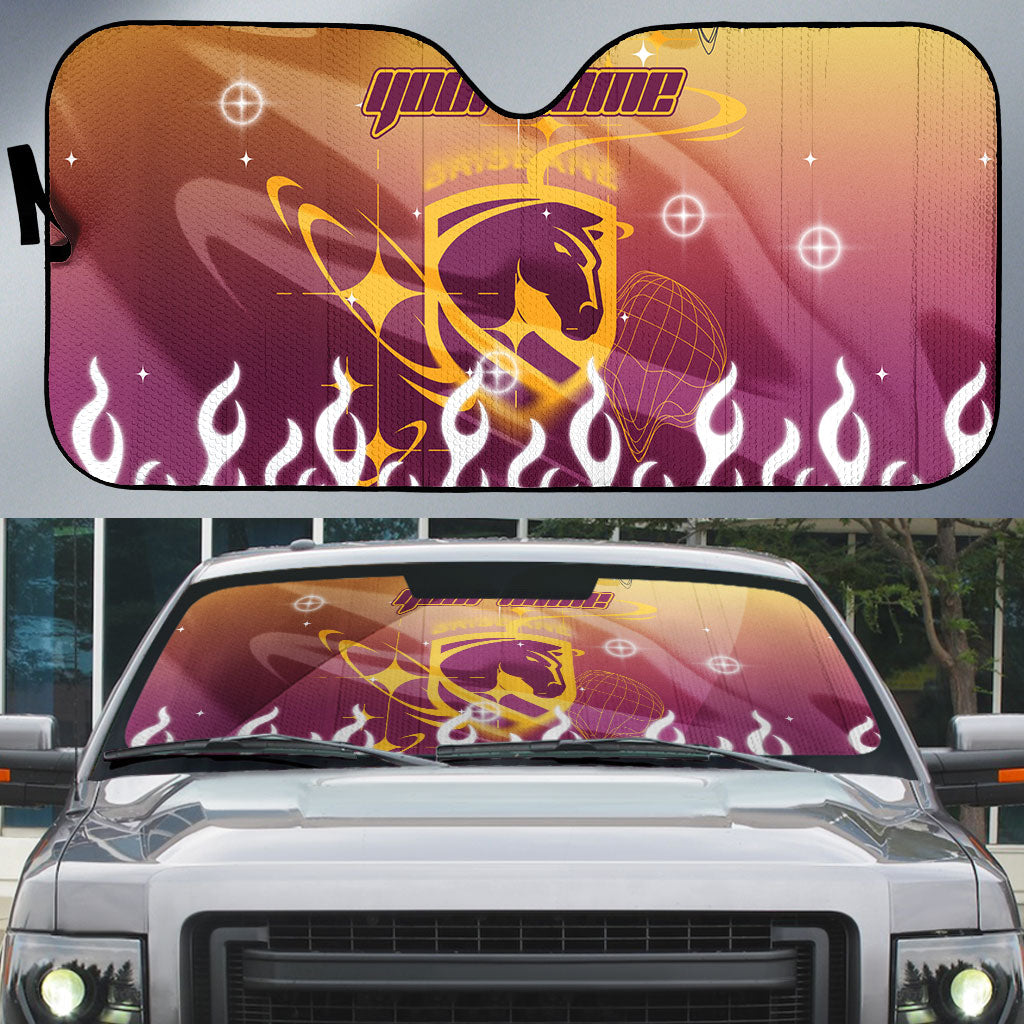 Personalized Brisbane Broncos Auto Sun Shade Y2K Grunge Aesthetic With Cyber Flames and Starburst Graphics