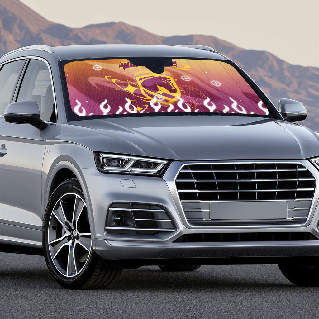 Personalized Brisbane Broncos Auto Sun Shade Y2K Grunge Aesthetic With Cyber Flames and Starburst Graphics
