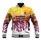 Personalized Brisbane Broncos Baseball Jacket Y2K Grunge Aesthetic With Cyber Flames and Starburst Graphics