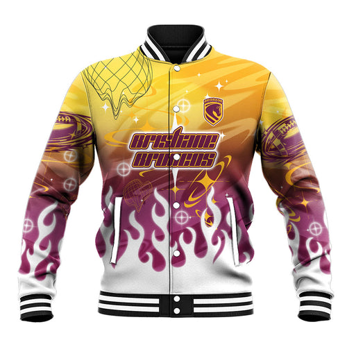 Personalized Brisbane Broncos Baseball Jacket Y2K Grunge Aesthetic With Cyber Flames and Starburst Graphics