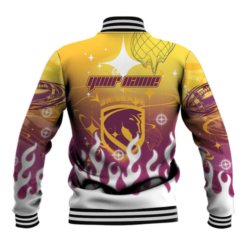 Personalized Brisbane Broncos Baseball Jacket Y2K Grunge Aesthetic With Cyber Flames and Starburst Graphics