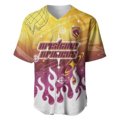 Personalized Brisbane Broncos Baseball Jersey Y2K Grunge Aesthetic With Cyber Flames and Starburst Graphics