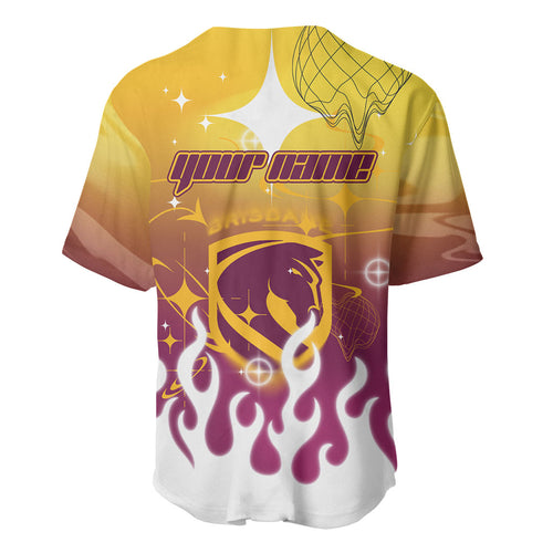 Personalized Brisbane Broncos Baseball Jersey Y2K Grunge Aesthetic With Cyber Flames and Starburst Graphics