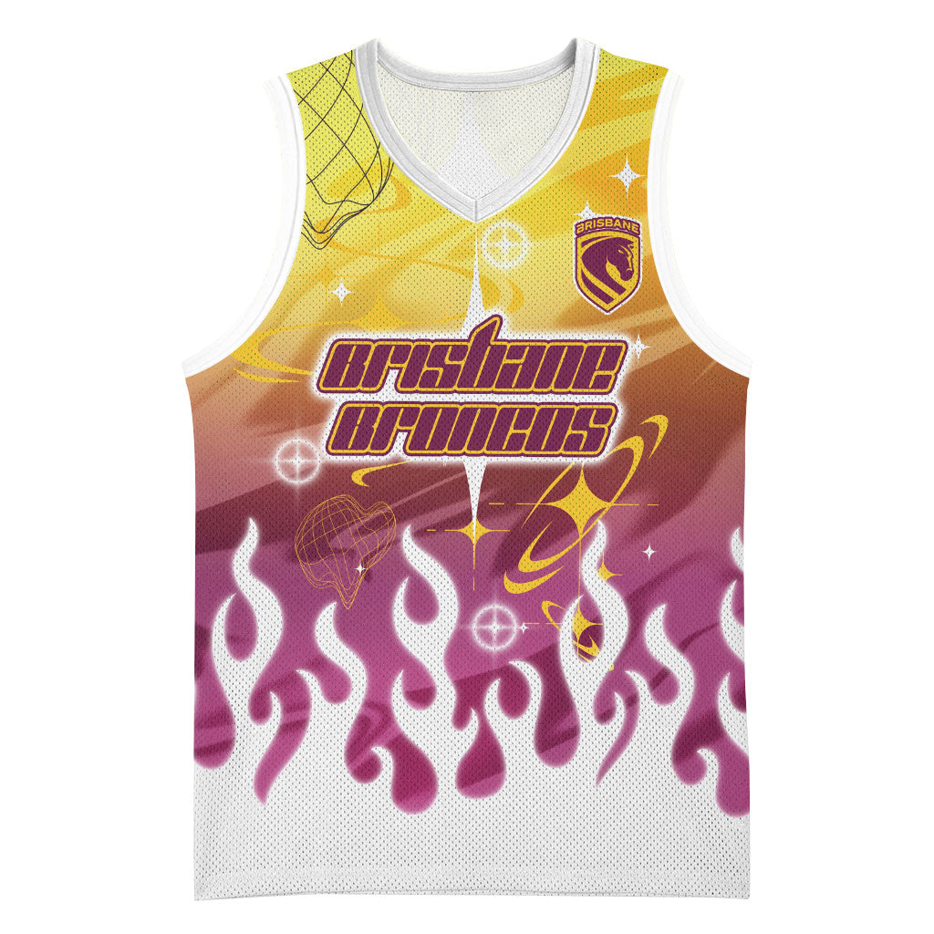 Personalized Brisbane Broncos Basketball Jersey Y2K Grunge Aesthetic With Cyber Flames and Starburst Graphics