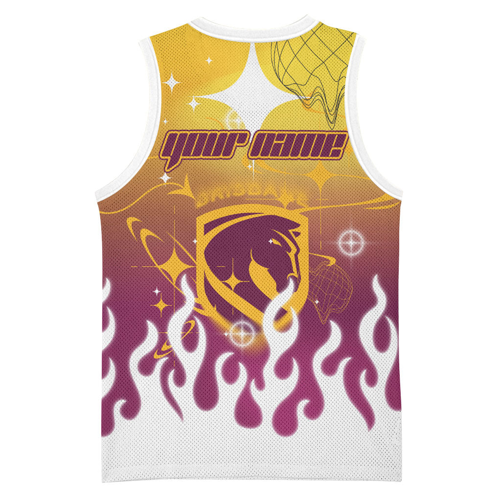 Personalized Brisbane Broncos Basketball Jersey Y2K Grunge Aesthetic With Cyber Flames and Starburst Graphics