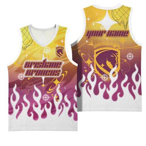 Personalized Brisbane Broncos Basketball Jersey Y2K Grunge Aesthetic With Cyber Flames and Starburst Graphics