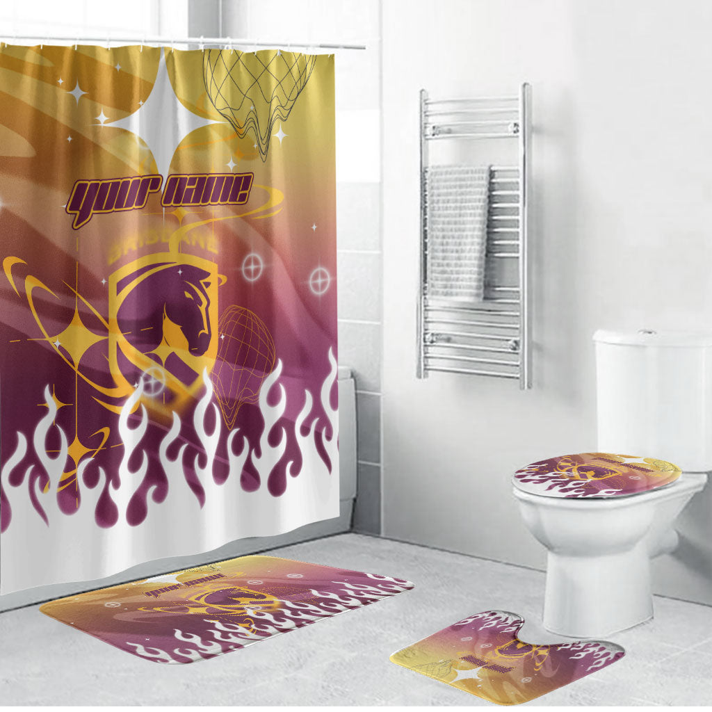 Personalized Brisbane Broncos Bathroom Set Y2K Grunge Aesthetic With Cyber Flames and Starburst Graphics