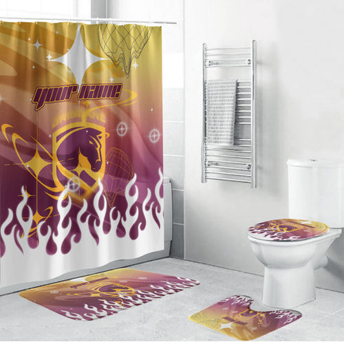 Personalized Brisbane Broncos Bathroom Set Y2K Grunge Aesthetic With Cyber Flames and Starburst Graphics