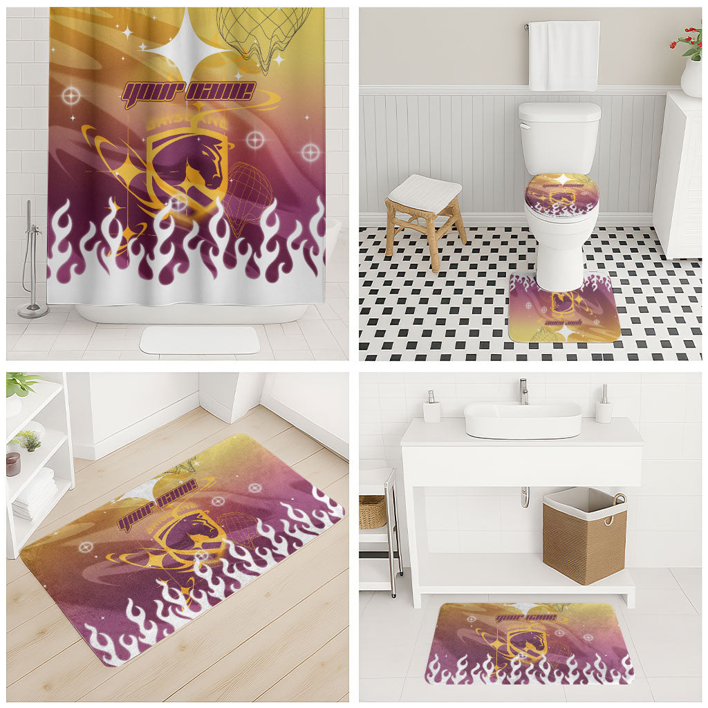 Personalized Brisbane Broncos Bathroom Set Y2K Grunge Aesthetic With Cyber Flames and Starburst Graphics