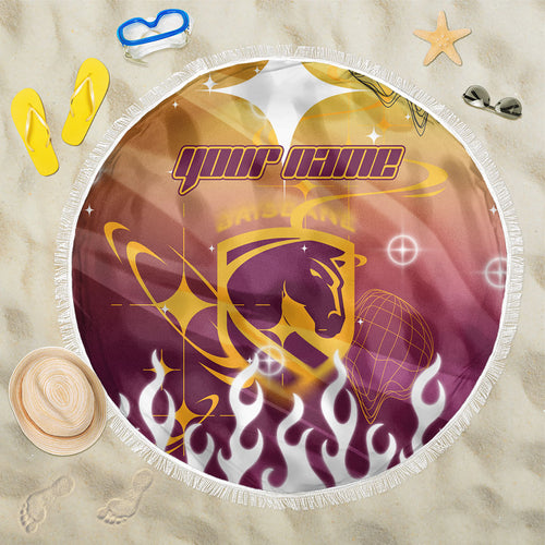 Personalized Brisbane Broncos Beach Blanket Y2K Grunge Aesthetic With Cyber Flames and Starburst Graphics
