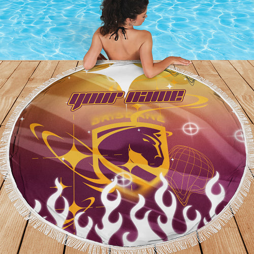 Personalized Brisbane Broncos Beach Blanket Y2K Grunge Aesthetic With Cyber Flames and Starburst Graphics