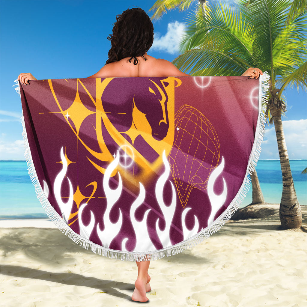 Personalized Brisbane Broncos Beach Blanket Y2K Grunge Aesthetic With Cyber Flames and Starburst Graphics