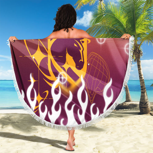 Personalized Brisbane Broncos Beach Blanket Y2K Grunge Aesthetic With Cyber Flames and Starburst Graphics