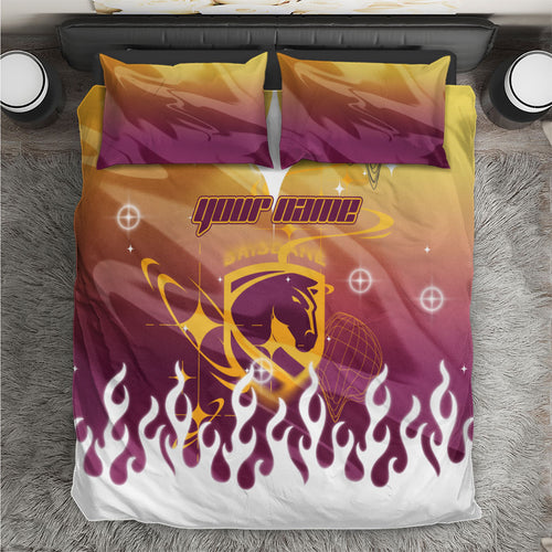 Personalized Brisbane Broncos Bedding Set Y2K Grunge Aesthetic With Cyber Flames and Starburst Graphics