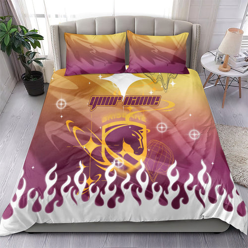 Personalized Brisbane Broncos Bedding Set Y2K Grunge Aesthetic With Cyber Flames and Starburst Graphics